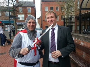Dean Fowler, Ripley resident and Chair of Ripley RBL, and Nigel Mills MP, celebrating St George's day on Ripley Market Place